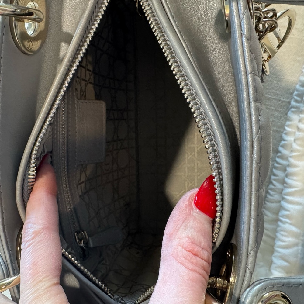 Dior LADY DIOR Medium Metallic Gray Quilted Bag - Authentic - Picture 8 of 14